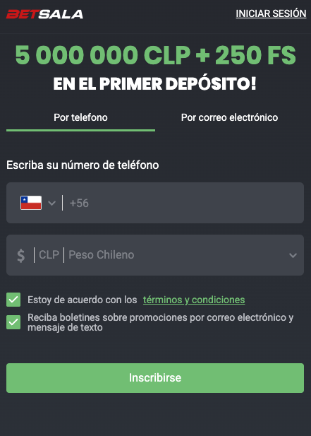 Paso inicial para registrarse en Betsala
